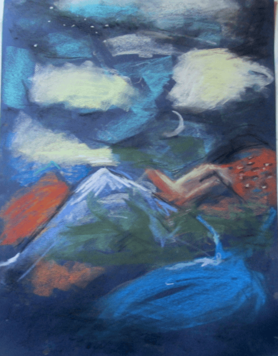 A colorful abstract landscape featuring a snow-capped mountain, swirling clouds, and a night sky with stars and a crescent moon.